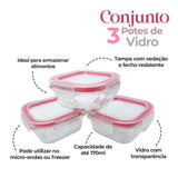 Conjunto 3 Potes De Vidro Com Tampa Hermética 170ml Quadrado